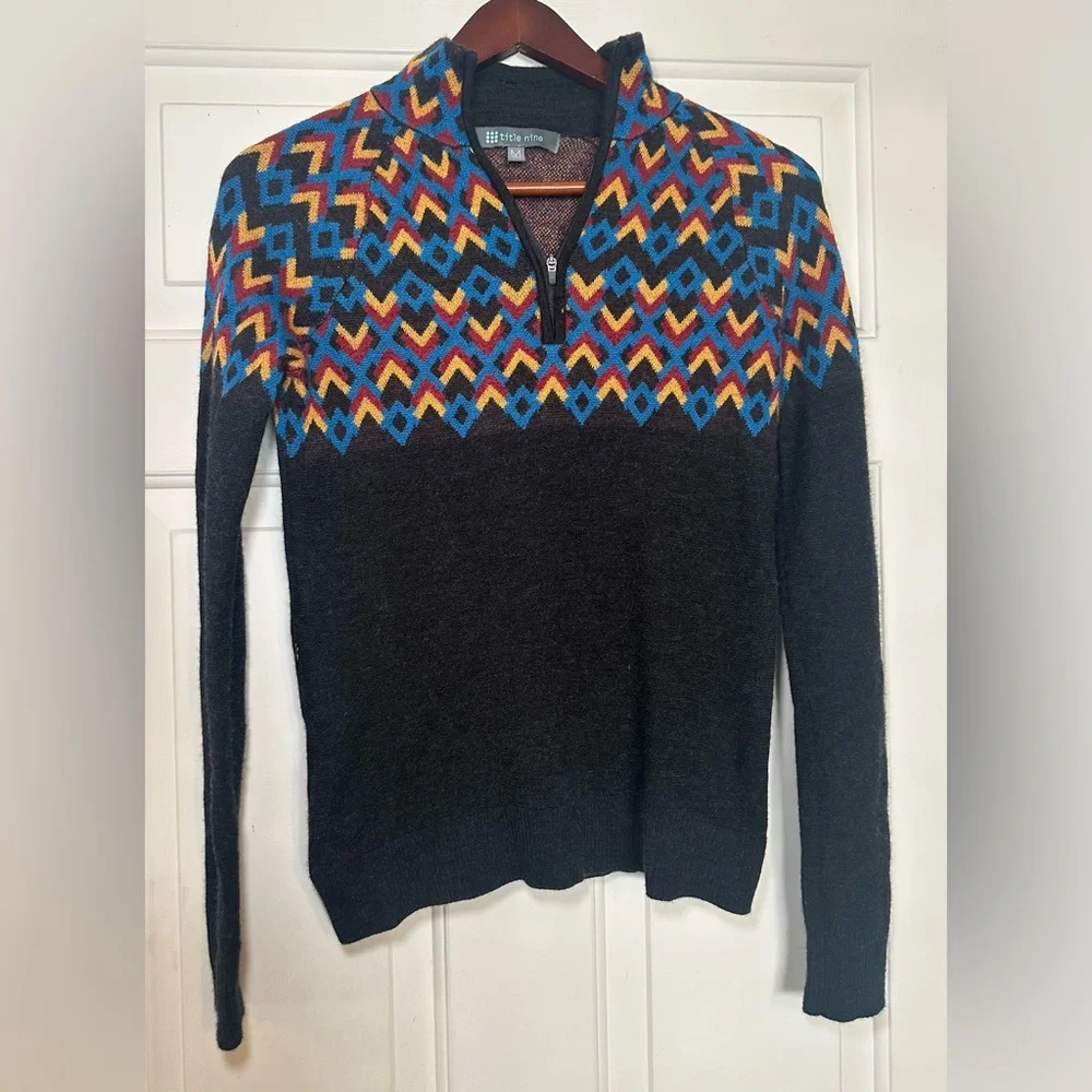Title Nine Sweater Womens M Black Geometric Merino Wool Lift Quarter Zip Pullovr
